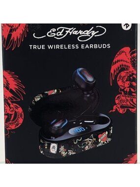 Ed Hardy True Wireless Bluetooth Earbuds Charging Case Black Love Kills Slowly